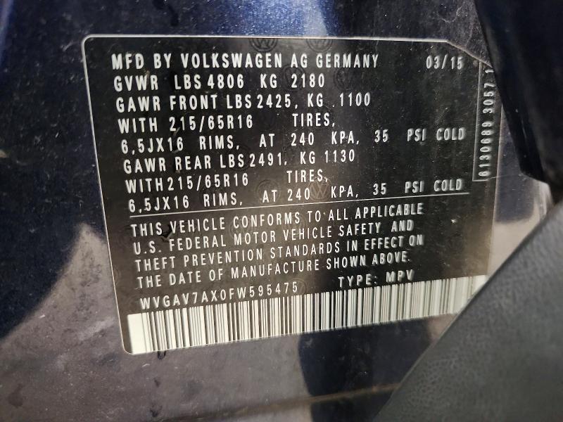Aukcja sprzedaży 2015 Volkswagen Tiguan, vin: WVGAV7AX0FW595475, numer aukcji: 59997756