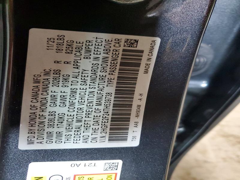 Продаж на аукціоні авто 2026 Honda Civic, vin: 2HGFE2F24TH539738, номер лоту: 60298326