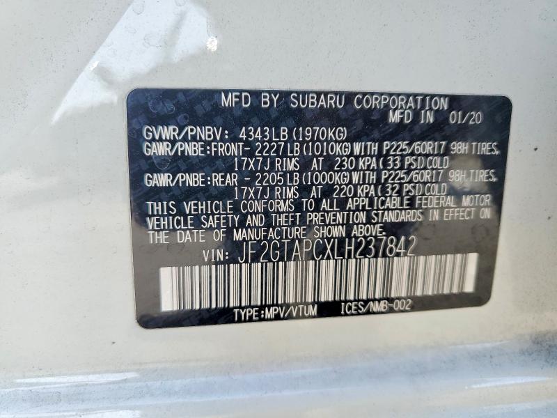 Aukcja sprzedaży 2020 Subaru Crosstrek, vin: JF2GTAPCXLH237842, numer aukcji: 62694366