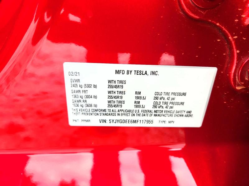60842486 :رقم المزاد ، 5YJYGDEE6MF117955 vin ، 2021 Tesla Model Y مزاد بيع