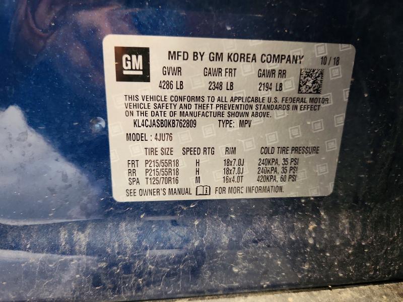 2019 Buick Encore მანქანა იყიდება აუქციონზე, vin: KL4CJASB0KB762809, აუქციონის ნომერი: 62838116