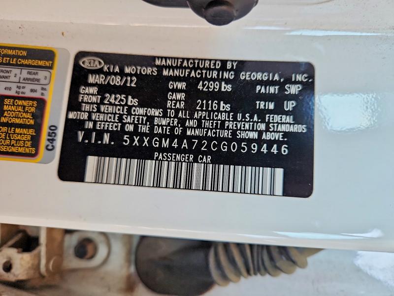 Aukcja sprzedaży 2012 Kia Optima, vin: 5XXGM4A72CG059446, numer aukcji: 62001056