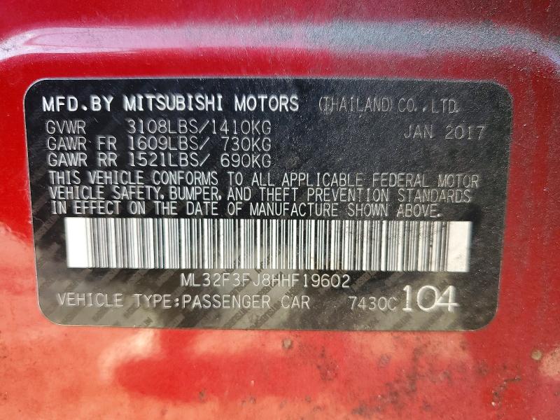 2017 Mitsubishi Mirage მანქანა იყიდება აუქციონზე, vin: ML32F3FJ8HHF19602, აუქციონის ნომერი: 58333406
