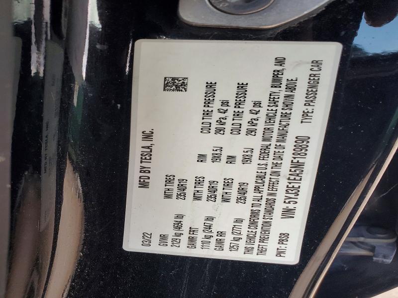 Продаж на аукціоні авто 2022 Tesla Model 3, vin: 5YJ3E1EA5NF189890, номер лоту: 62164796