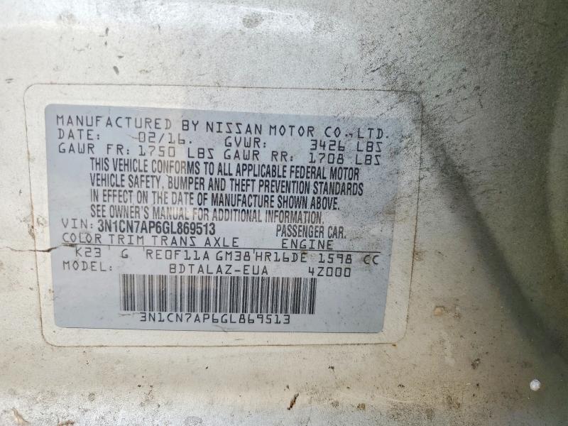 61831266 :رقم المزاد ، 3N1CN7AP6GL869513 vin ، 2016 Nissan Versa مزاد بيع