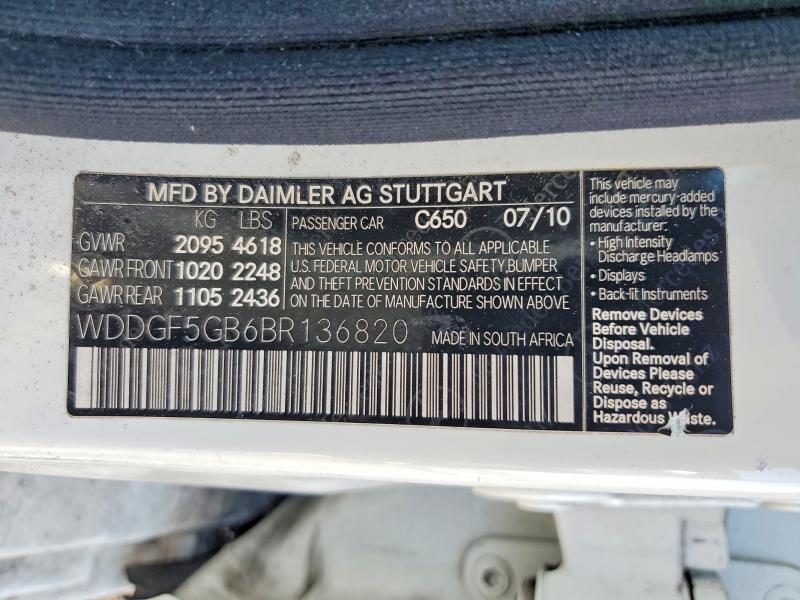 Aukcja sprzedaży 2011 Mercedes-benz C, vin: WDDGF5GB6BR136820, numer aukcji: 62134086
