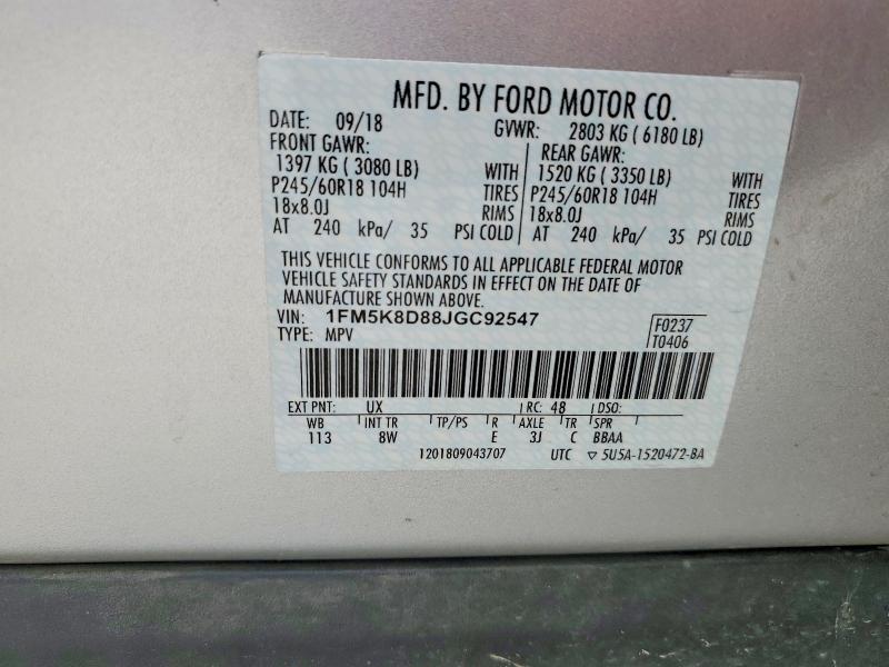 61533516 :رقم المزاد ، 1FM5K8D88JGC92547 vin ، 2018 Ford Explorer مزاد بيع