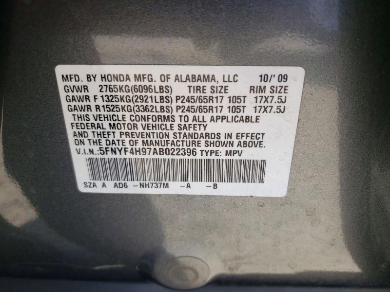 61064056 :رقم المزاد ، 5FNYF4H97AB022396 vin ، 2010 Honda Pilot مزاد بيع