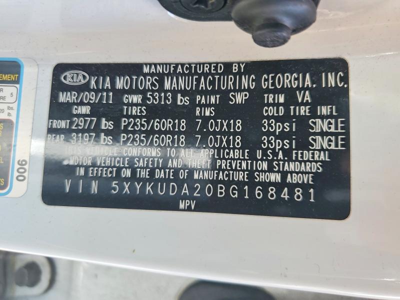 2011 Kia Sorento მანქანა იყიდება აუქციონზე, vin: 5XYKUDA20BG168481, აუქციონის ნომერი: 58644506