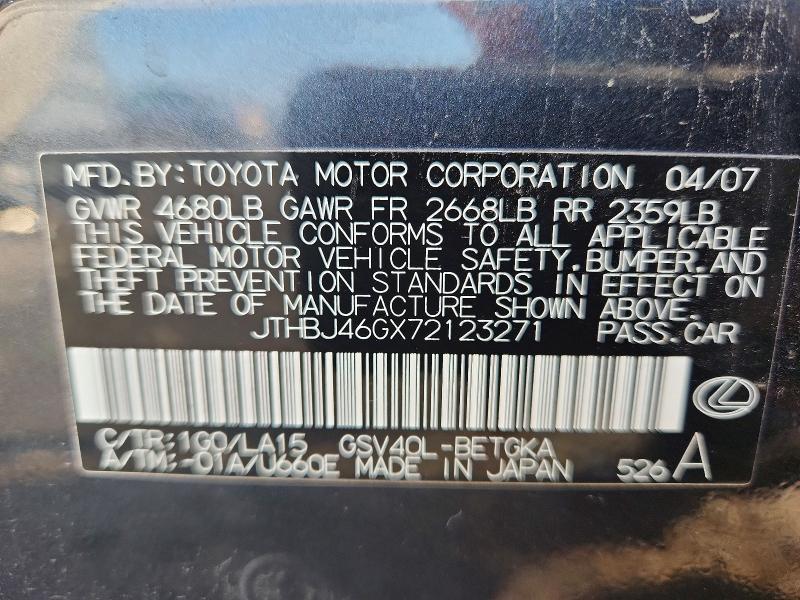 Aukcja sprzedaży 2007 Lexus Es, vin: JTHBJ46GX72123271, numer aukcji: 59683016