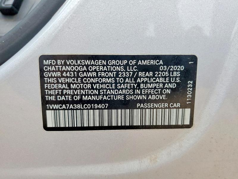 Продаж на аукціоні авто 2020 Volkswagen Passat, vin: 1VWCA7A38LC019407, номер лоту: 59595456