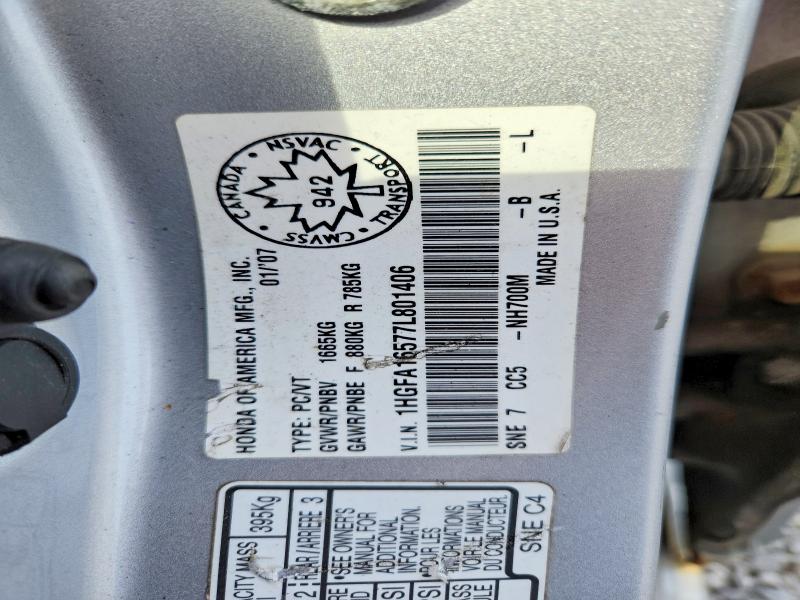 Продажа на аукционе авто 2007 Honda Civic, vin: 1HGFA16577L801406, номер лота: 59352176