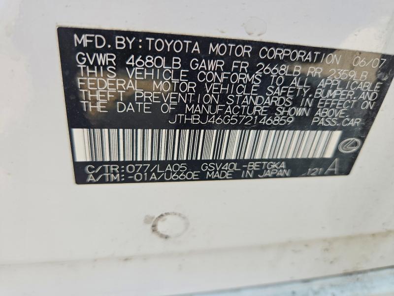 2007 Lexus Es მანქანა იყიდება აუქციონზე, vin: JTHBJ46G572146859, აუქციონის ნომერი: 60858216