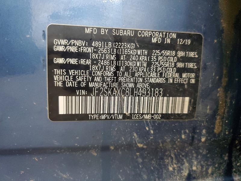 2020 Subaru Forester მანქანა იყიდება აუქციონზე, vin: JF2SKAXC8LH493183, აუქციონის ნომერი: 62040906