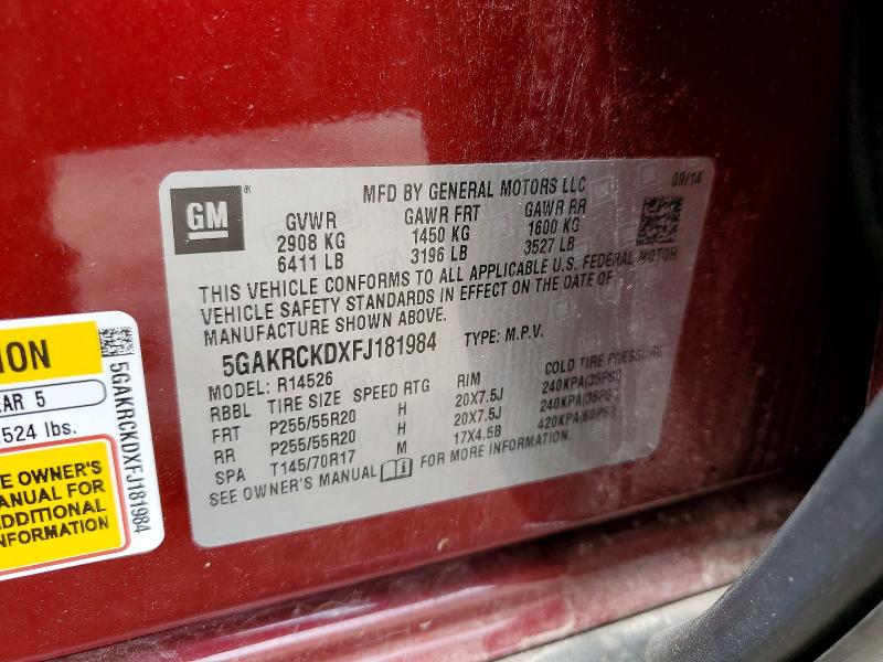 61520066 :رقم المزاد ، 5GAKRCKDXFJ181984 vin ، 2015 Buick Enclave مزاد بيع