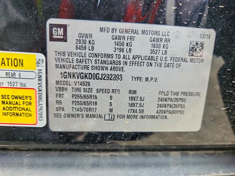 61985936 :رقم المزاد ، 1GNKVGKD0GJ292893 vin ، 2016 Chevrolet Traverse مزاد بيع