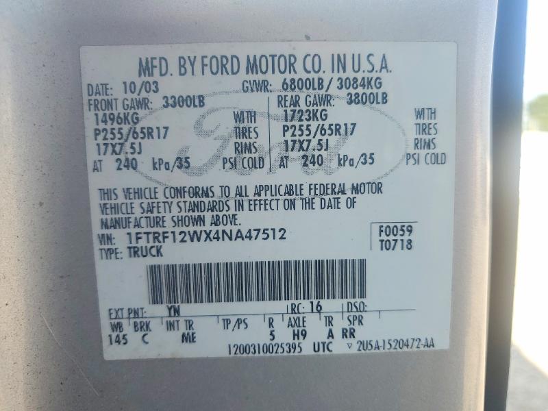 2004 Ford F-150 მანქანა იყიდება აუქციონზე, vin: 1FTRF12WX4NA47512, აუქციონის ნომერი: 58116176