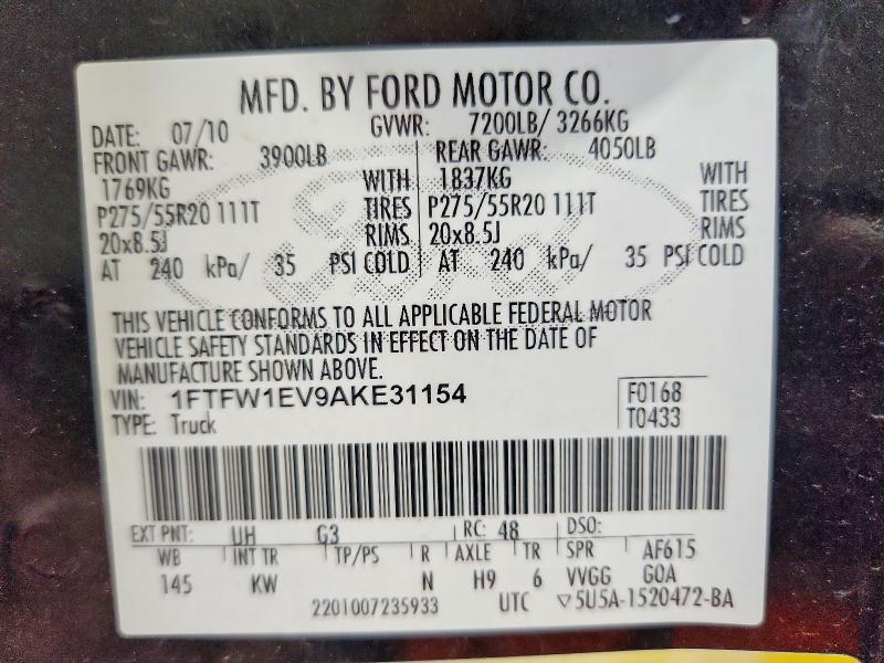 Aukcja sprzedaży 2010 Ford F150, vin: 1FTFW1EV9AKE31154, numer aukcji: 63161576