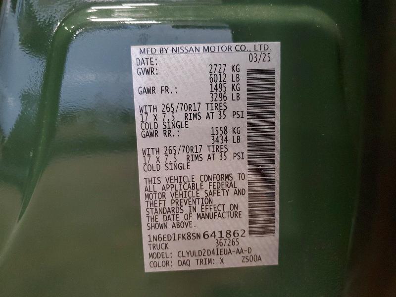 2025 Nissan Frontier მანქანა იყიდება აუქციონზე, vin: 1N6ED1FK8SN641862, აუქციონის ნომერი: 60214396