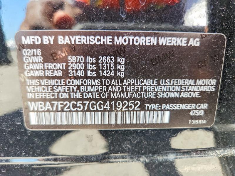2016 Bmw 750 მანქანა იყიდება აუქციონზე, vin: WBA7F2C57GG419252, აუქციონის ნომერი: 60751596
