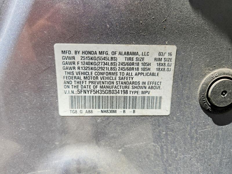 2016 Honda Pilot მანქანა იყიდება აუქციონზე, vin: 5FNYF5H35GB034198, აუქციონის ნომერი: 62968796