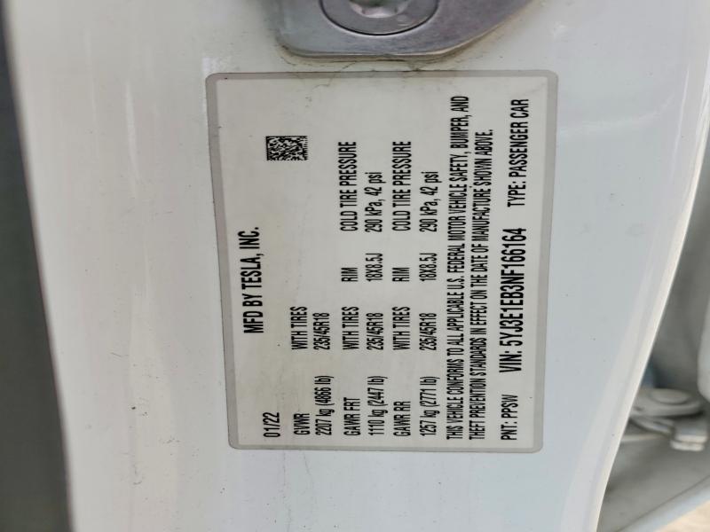 2022 Tesla Model 3 მანქანა იყიდება აუქციონზე, vin: 5YJ3E1EB3NF166164, აუქციონის ნომერი: 62476246