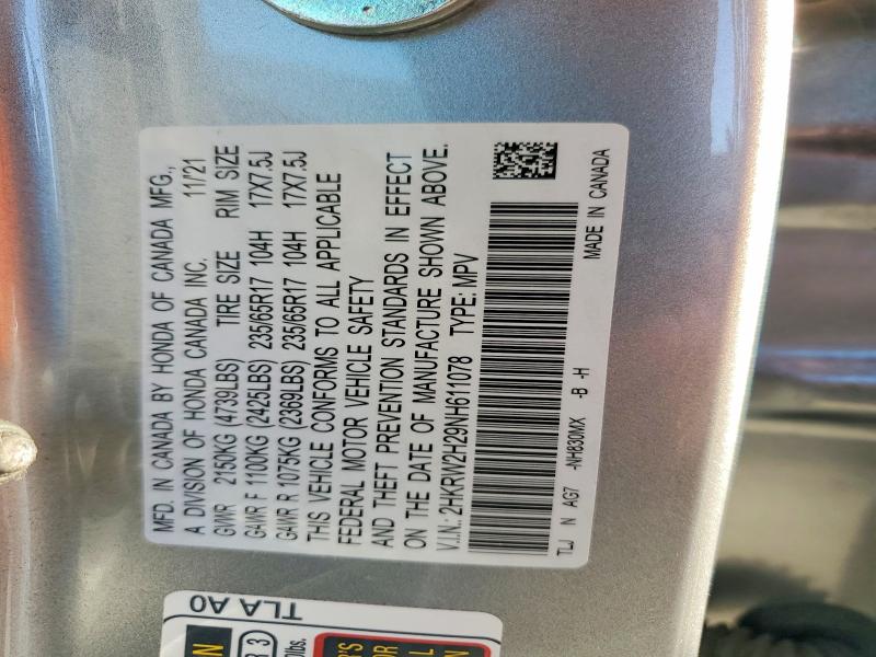 59931266 :رقم المزاد ، 2HKRW2H29NH611078 vin ، 2022 Honda Cr-v مزاد بيع