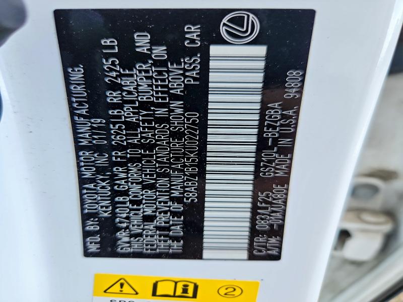 Продажа на аукционе авто 2019 Lexus Es, vin: 58ABZ1B15KU022750, номер лота: 59328506