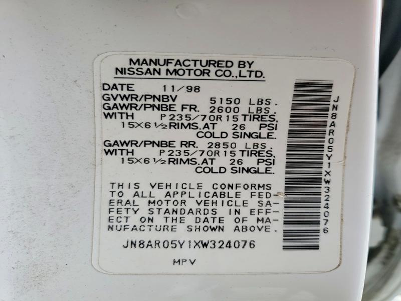 60134766 :رقم المزاد ، JN8AR05Y1XW324076 vin ، 1999 Nissan Pathfinder مزاد بيع