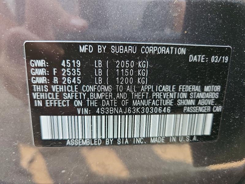 Aukcja sprzedaży 2019 Subaru Legacy, vin: 4S3BNAJ63K3030646, numer aukcji: 59967206