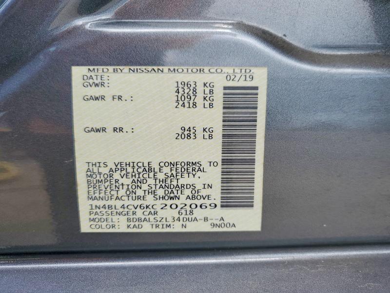 2019 Nissan Altima მანქანა იყიდება აუქციონზე, vin: 1N4BL4CV6KC202069, აუქციონის ნომერი: 62142156