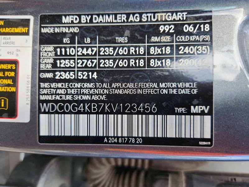 59918416 :رقم المزاد ، WDC0G4KB7KV123456 vin ، 2019 Mercedes-benz Glc مزاد بيع