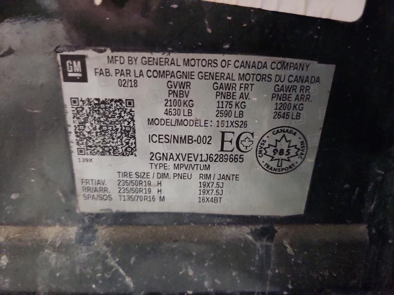 61673626 :رقم المزاد ، 2GNAXVEV1J6289665 vin ، 2018 Chevrolet Equinox مزاد بيع