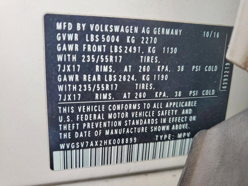 Продаж на аукціоні авто 2017 Volkswagen Tiguan, vin: WVGSV7AX2HK008899, номер лоту: 62532166