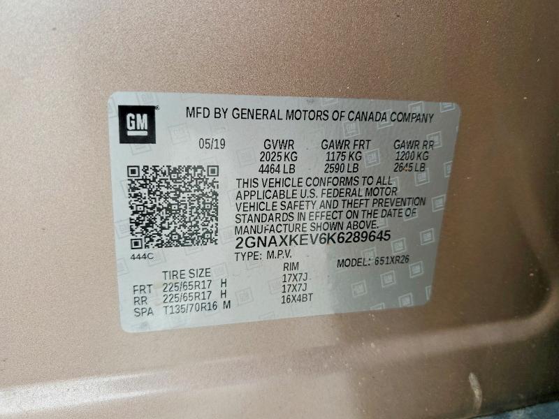 61130856 :رقم المزاد ، 2GNAXKEV6K6289645 vin ، 2019 Chevrolet Equinox مزاد بيع