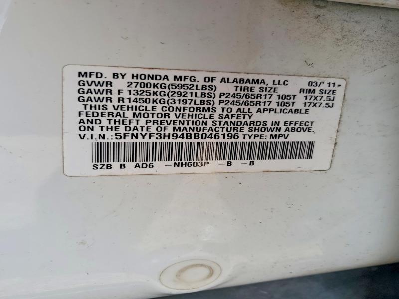 59008736 :رقم المزاد ، 5FNYF3H94BB046196 vin ، 2011 Honda Pilot مزاد بيع