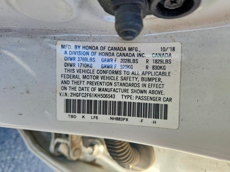 2019 Honda Civic მანქანა იყიდება აუქციონზე, vin: 2HGFC2F61KH506543, აუქციონის ნომერი: 61911866