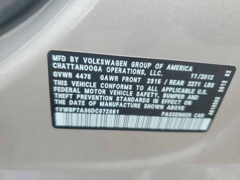 61748056 :رقم المزاد ، 1VWBP7A30DC072081 vin ، 2013 Volkswagen Passat مزاد بيع