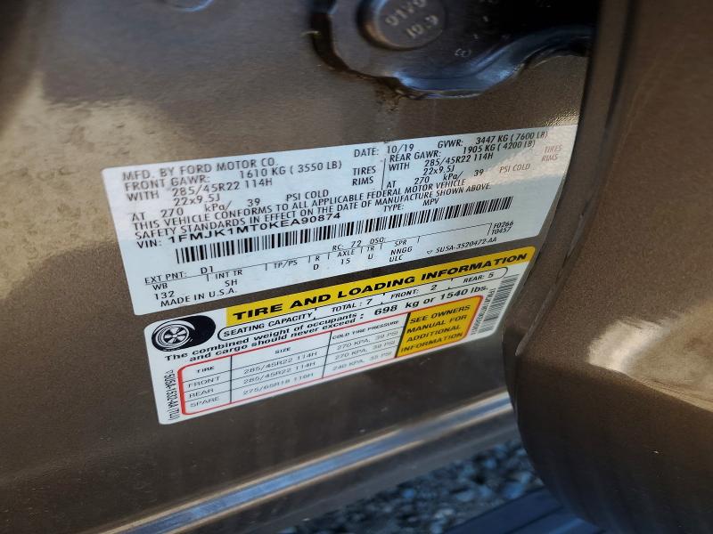 2019 Ford Expedition მანქანა იყიდება აუქციონზე, vin: 1FMJK1MT0KEA90874, აუქციონის ნომერი: 59587006