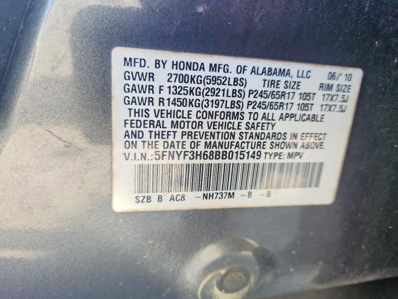 Продажа на аукционе авто 2011 Honda Pilot, vin: 5FNYF3H68BB015149, номер лота: 59616386