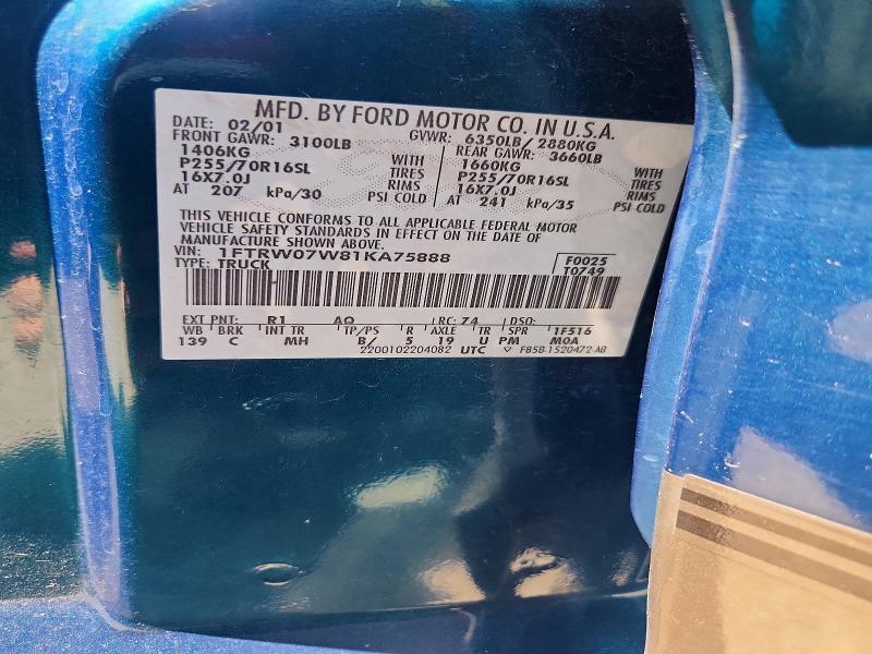 Aukcja sprzedaży 2001 Ford F150, vin: 1FTRW07W81KA75888, numer aukcji: 63017256