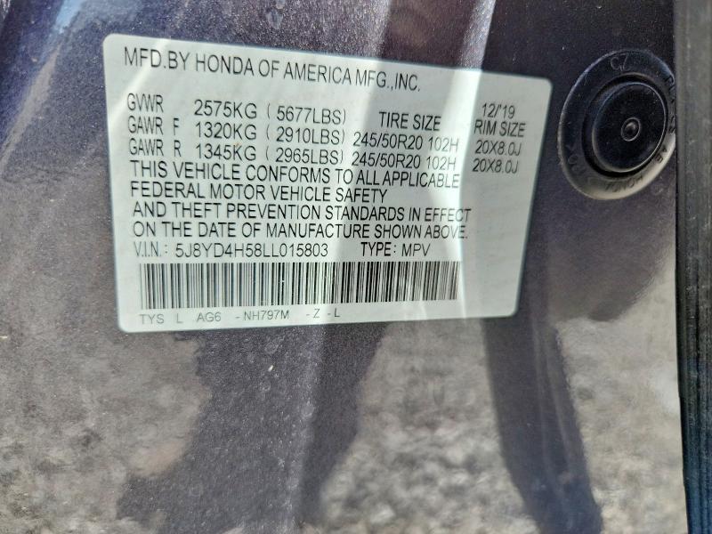 2020 Acura Mdx მანქანა იყიდება აუქციონზე, vin: 5J8YD4H58LL015803, აუქციონის ნომერი: 60577646