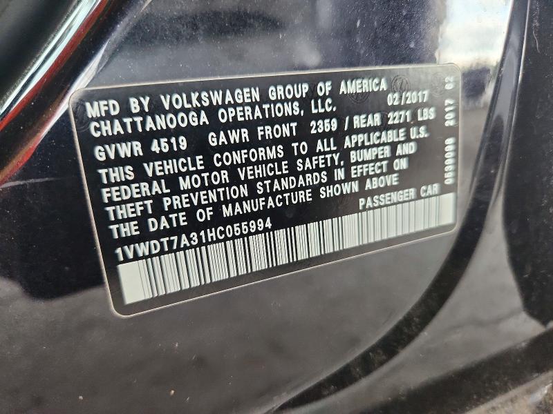 Продажа на аукционе авто 2017 Volkswagen Passat, vin: 1VWDT7A31HC055994, номер лота: 61698016