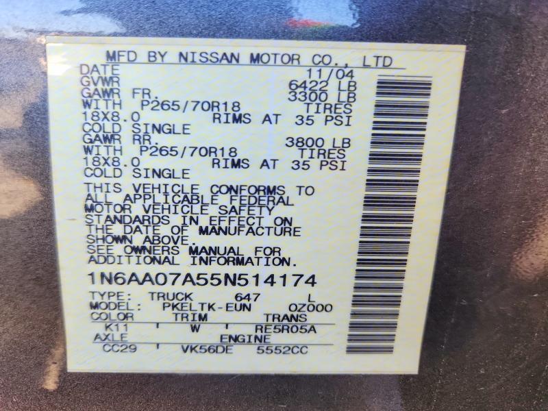 Aukcja sprzedaży 2005 Nissan Titan, vin: 1N6AA07A55N514174, numer aukcji: 85992595