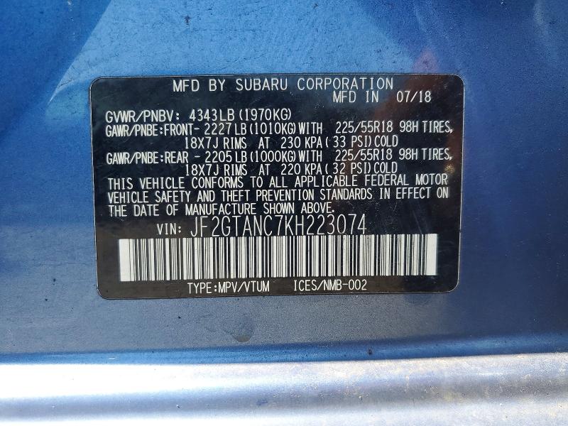 2019 Subaru Crosstrek მანქანა იყიდება აუქციონზე, vin: JF2GTANC7KH223074, აუქციონის ნომერი: 61688796