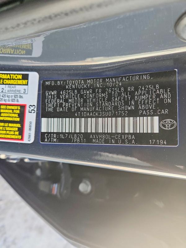 2025 Toyota Camry მანქანა იყიდება აუქციონზე, vin: 4T1DAACK3SU071752, აუქციონის ნომერი: 60141716