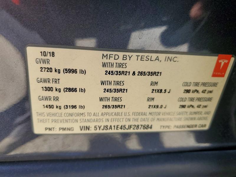 Aukcja sprzedaży 2018 Tesla Model S, vin: 5YJSA1E45JF287684, numer aukcji: 62076566