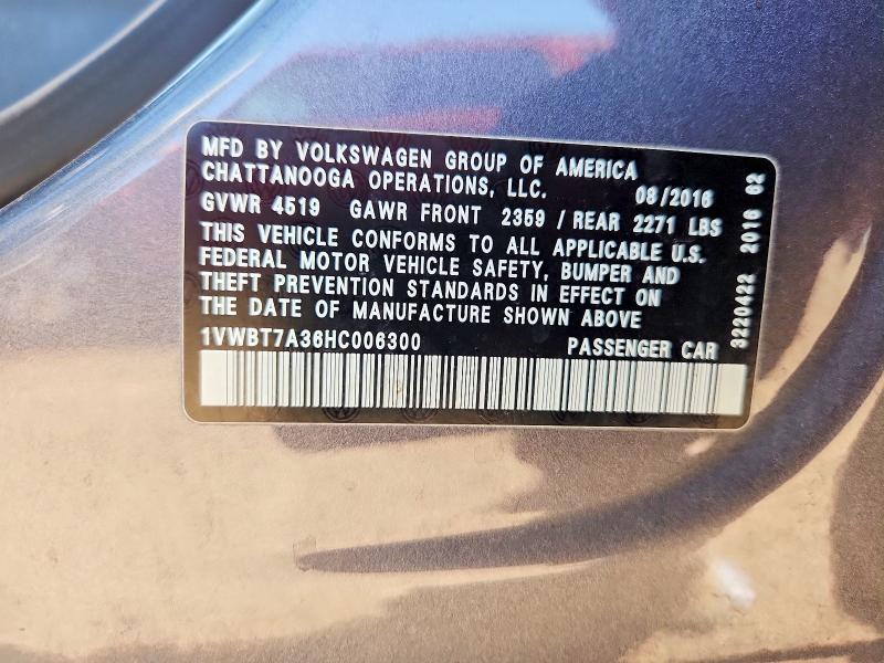 Продаж на аукціоні авто 2017 Volkswagen Passat, vin: 1VWBT7A36HC006300, номер лоту: 63216646