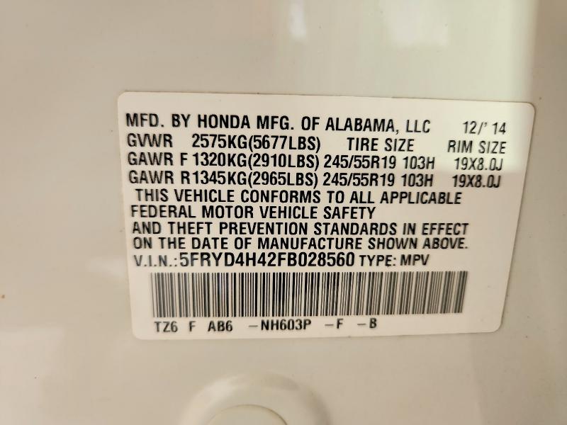 Продаж на аукціоні авто 2015 Acura Mdx, vin: 5FRYD4H42FB028560, номер лоту: 56059136