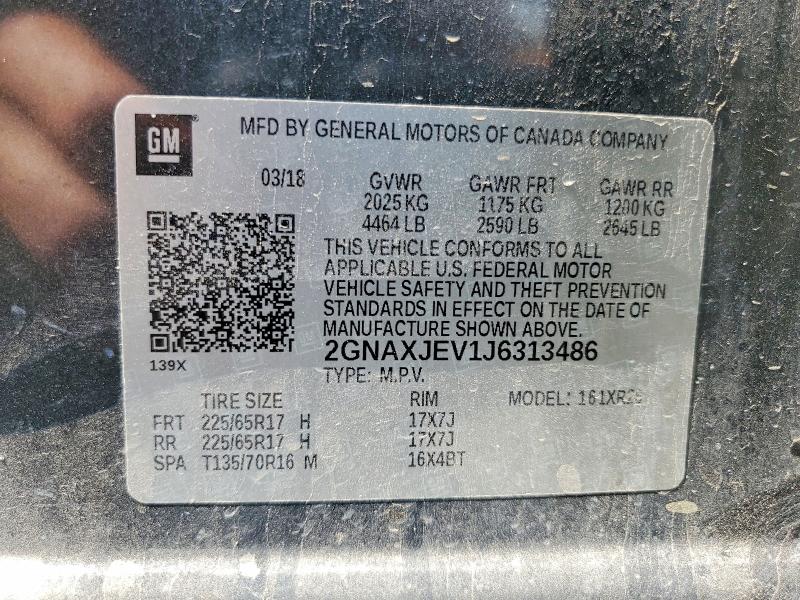 Продаж на аукціоні авто 2018 Chevrolet Equinox, vin: 2GNAXJEV1J6313486, номер лоту: 63222356
